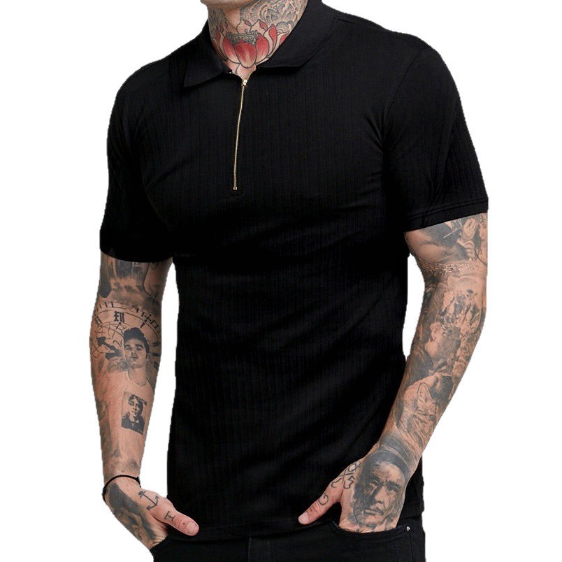 Summer Men’s Zip Vertical Stripe Stretch Athletic Polo