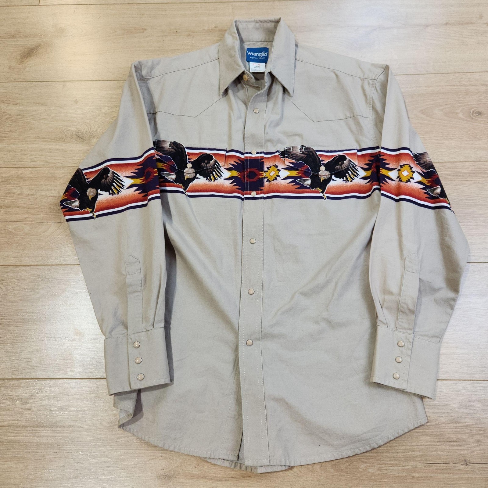 Wrangler Western Shirt Mens Medium Beige Eagle Aztec Southwestern Pearl Snap