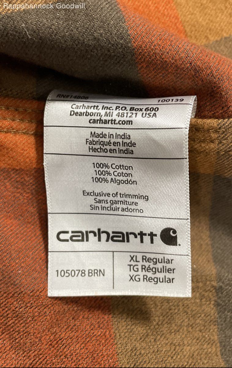 Carhartt Men’s Orange Brown Plaid Loose Fit Heavyweight Flannel Shirt Sz XL