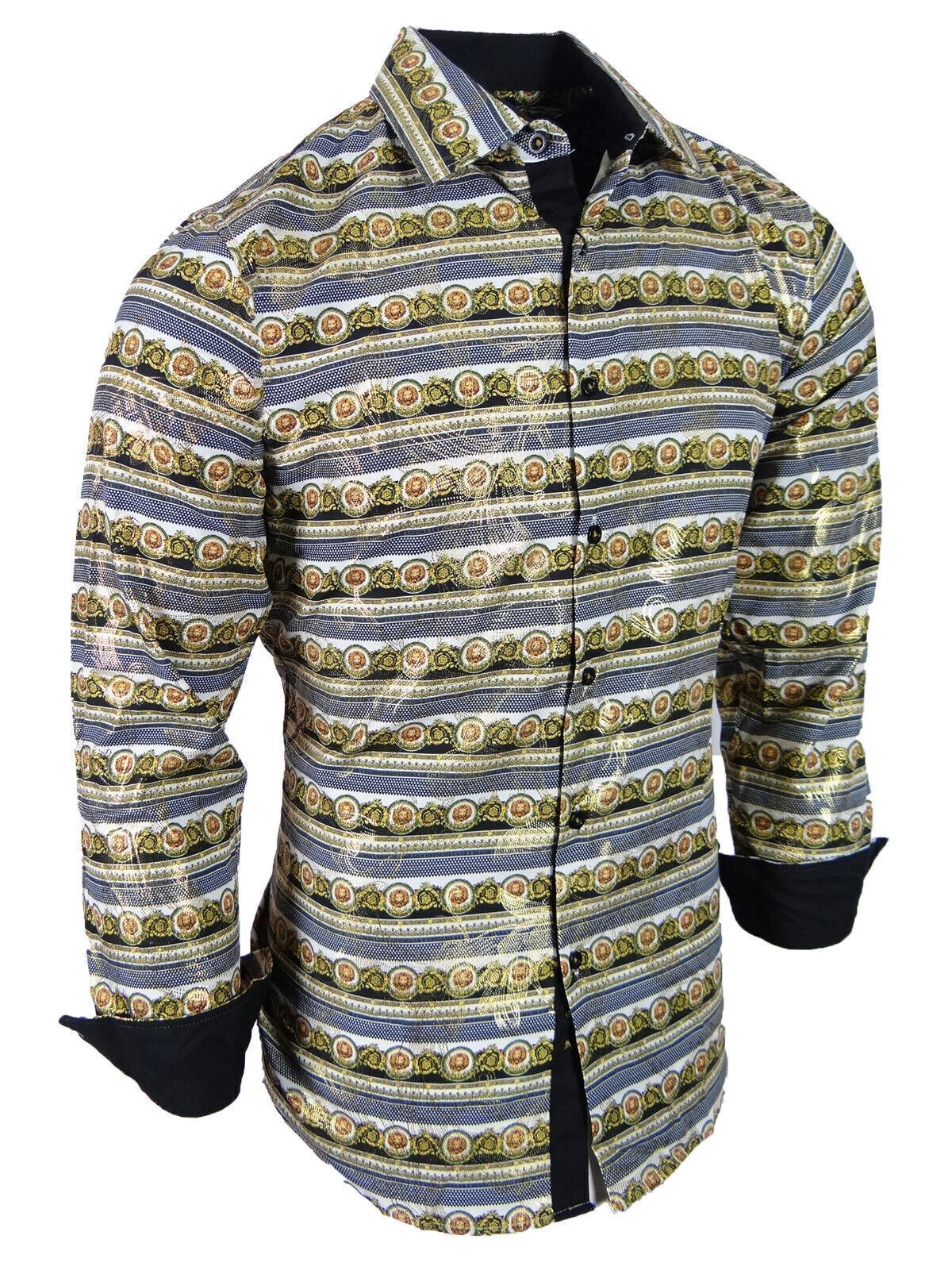 Mens Shirt Luxury Italian Stripe Print Gold Floral Sheen Stretch Slim Fit Button