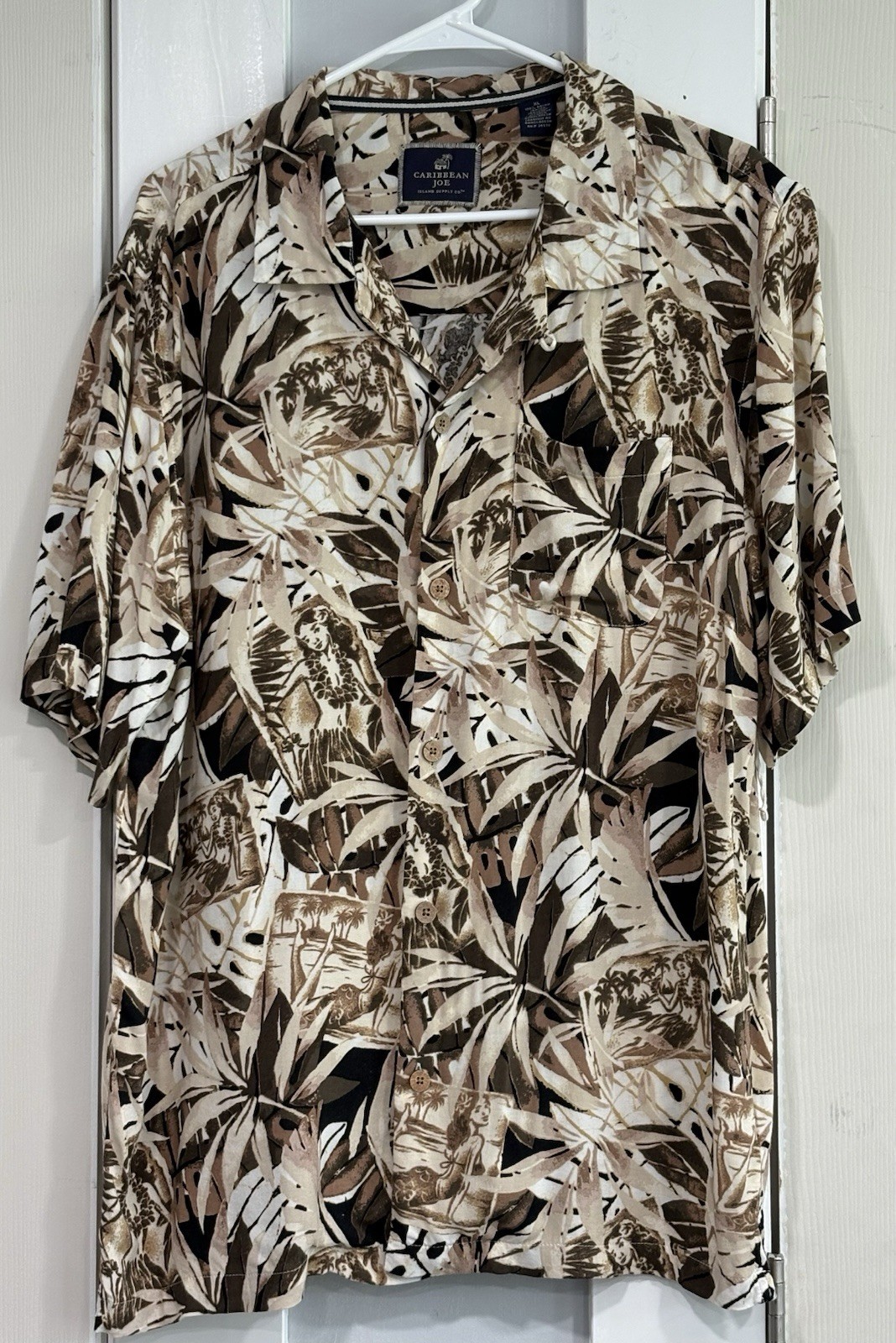 Caribbean Joe Hawaiian Shirt Mens XL Beige Brown Rayon Tropical Aloha Camo Shirt
