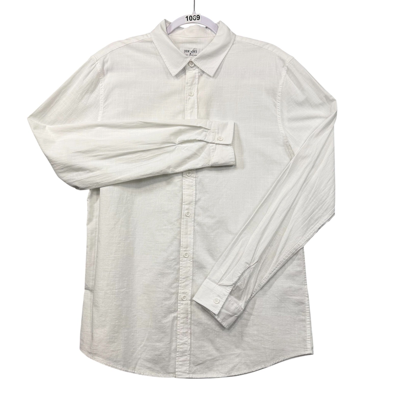 JEKAOYI Button Down Shirt Mens Size Medium White Cotton Linen Blend Long Sleeve