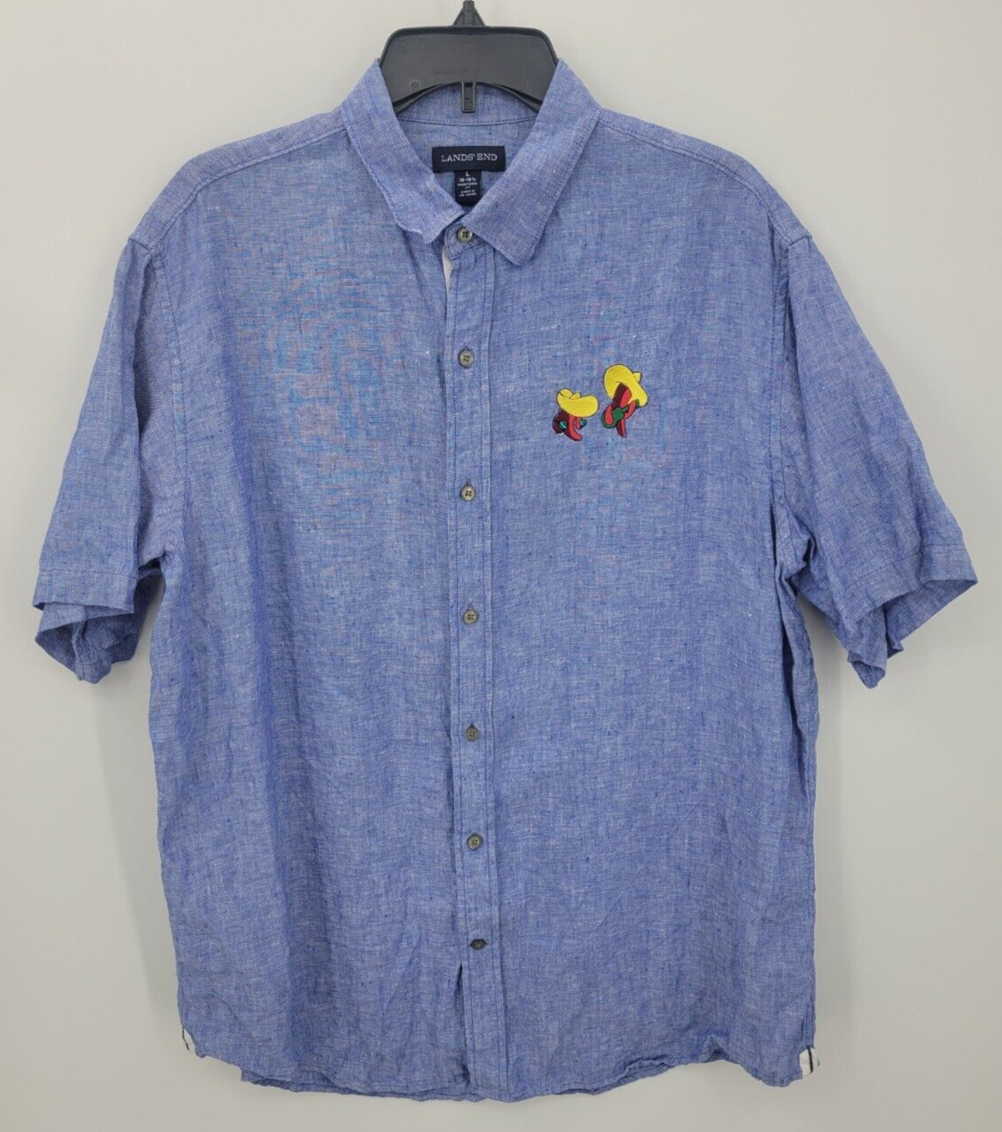 Lands End Shirt Ment Blue Linen Short Sleeve Embroidered Musical Chili Peppers