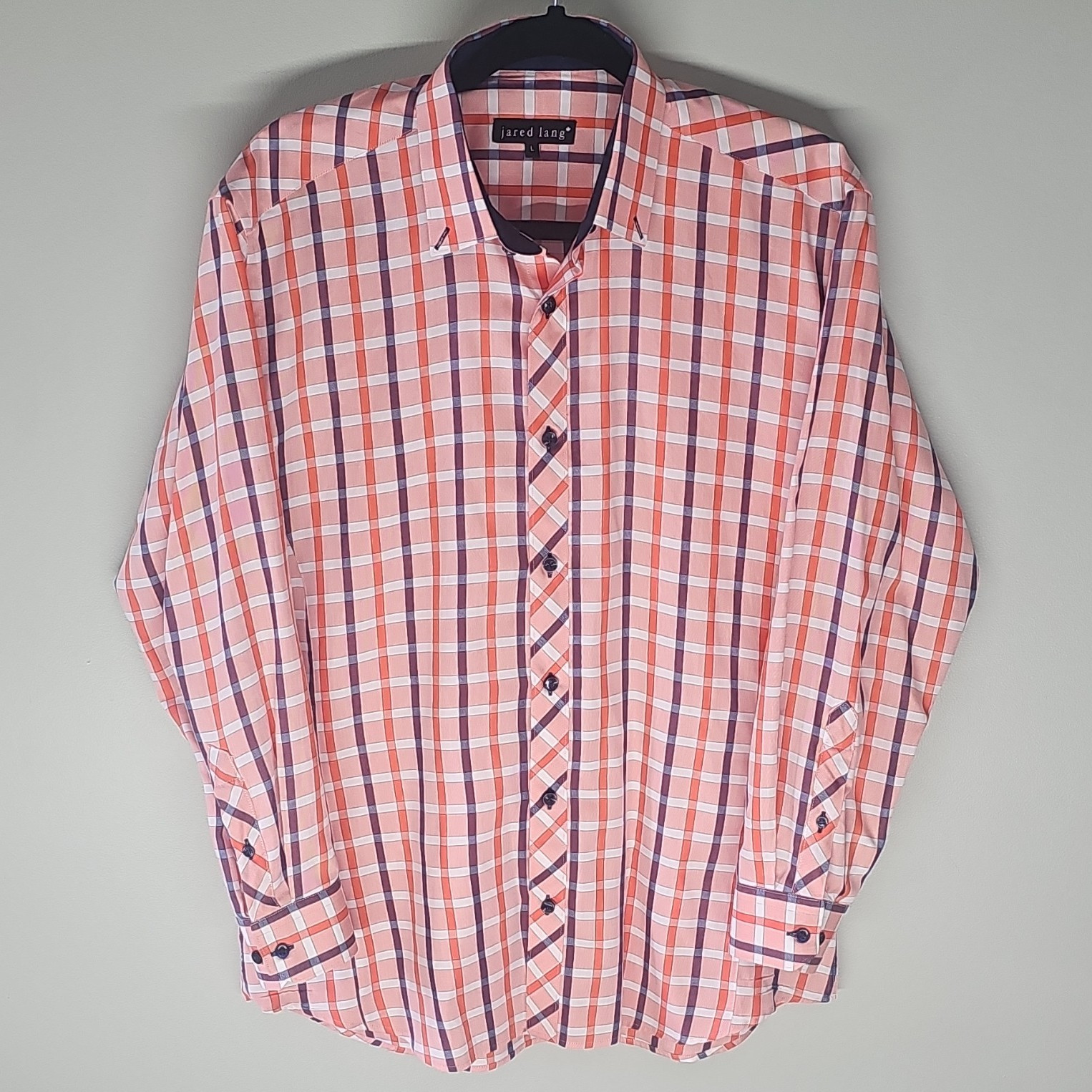 Jared Lang Men’s L Orange Pink Plaid Cotton Woven Long Sleeve Button-Up Shirt
