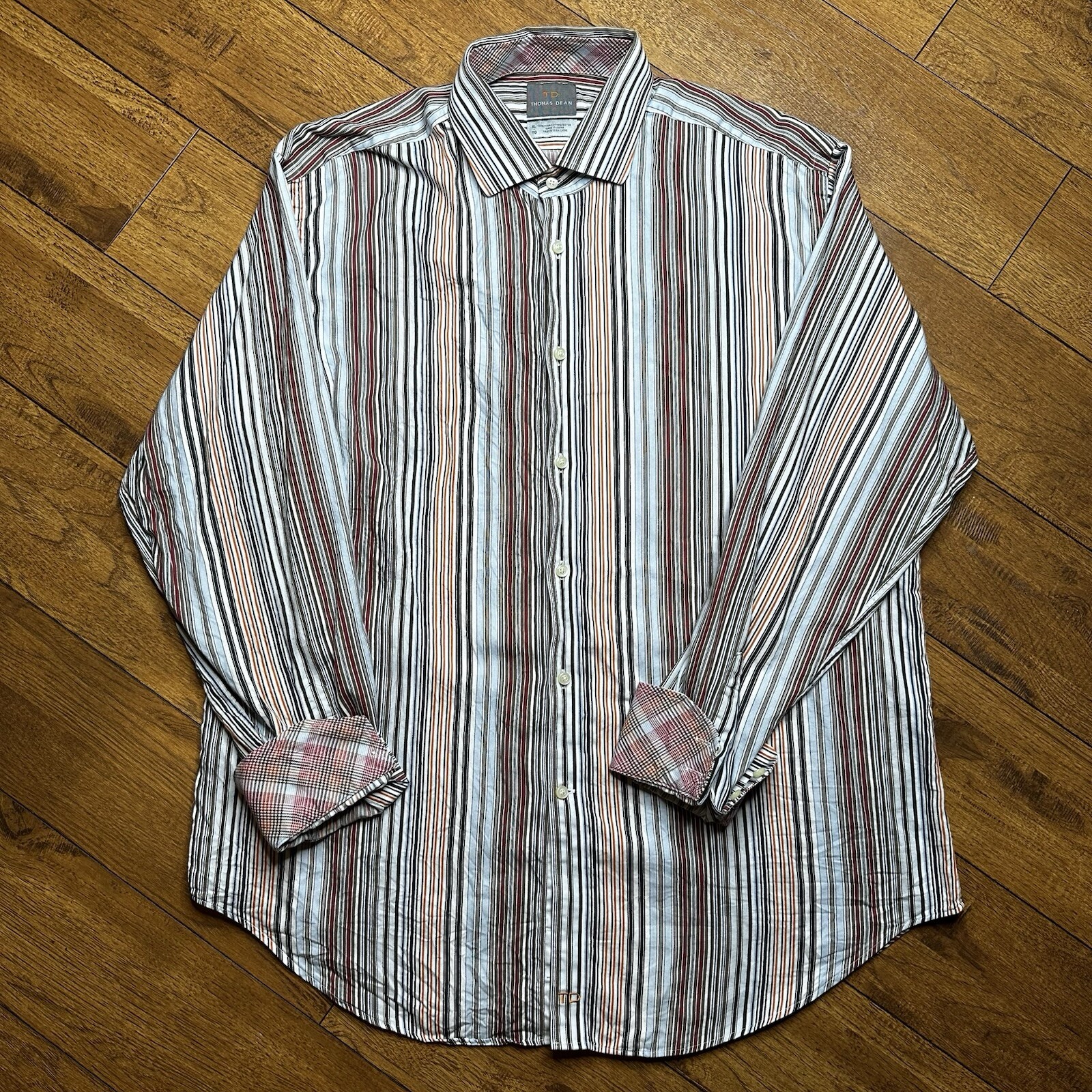 Thomas Dean Mens XL Pima Cotton Striped Long Sleeve Button Down Shirt MultiColor