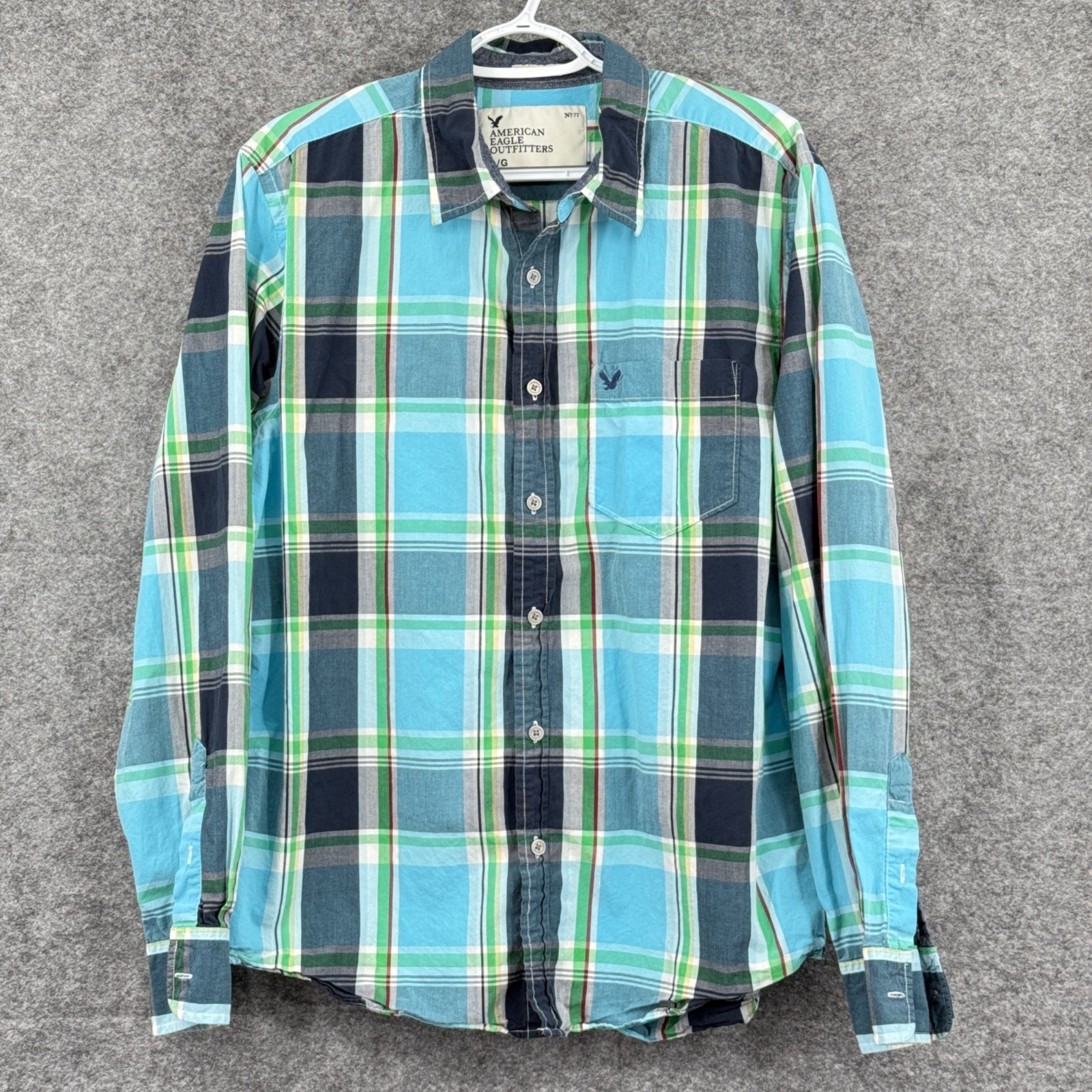 American Eagle Outfitters Mens Athletic Fit Plaid Button-Up Shirt L Blue Green