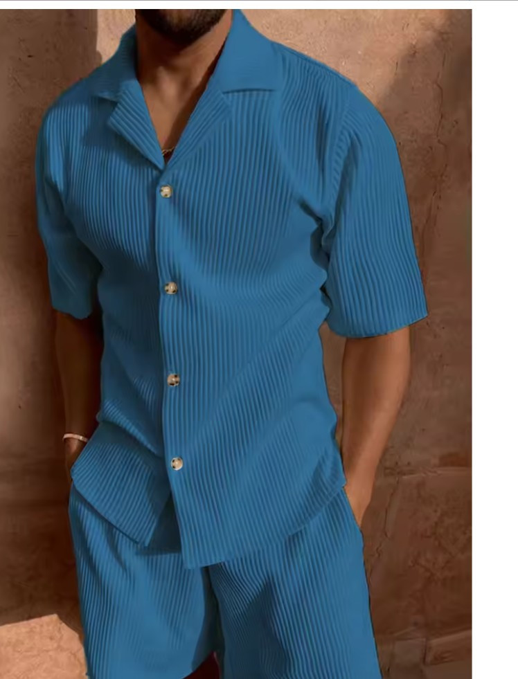 Men Summer Corduroy Short Sleeve Shirt & Shorts Set 2 Piece Casual Beach Outfit