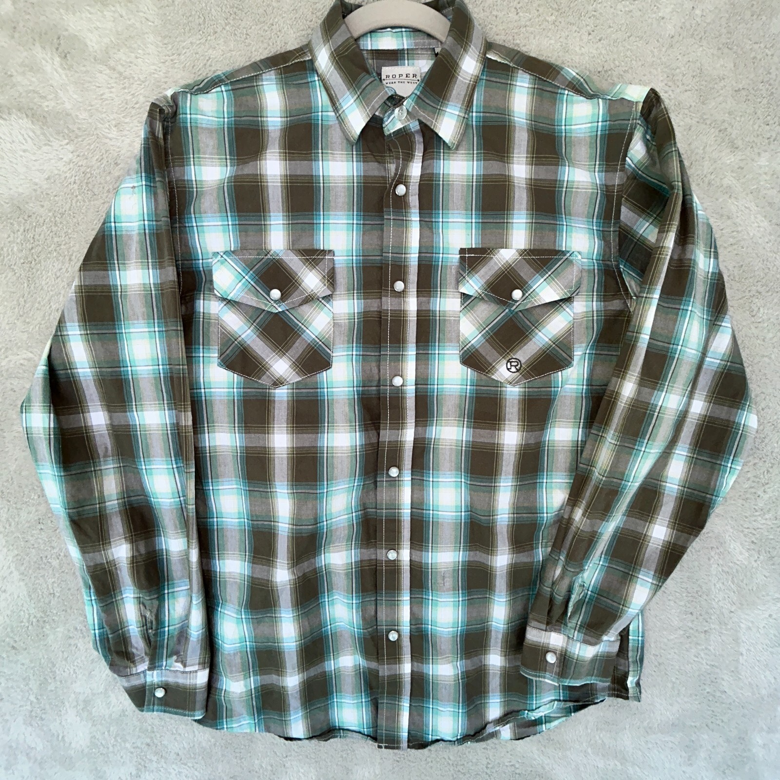 Roper Shirt Gray Teal Plaid Pearl Snap Long Sleeve Mens/Boys XL Chest 36″