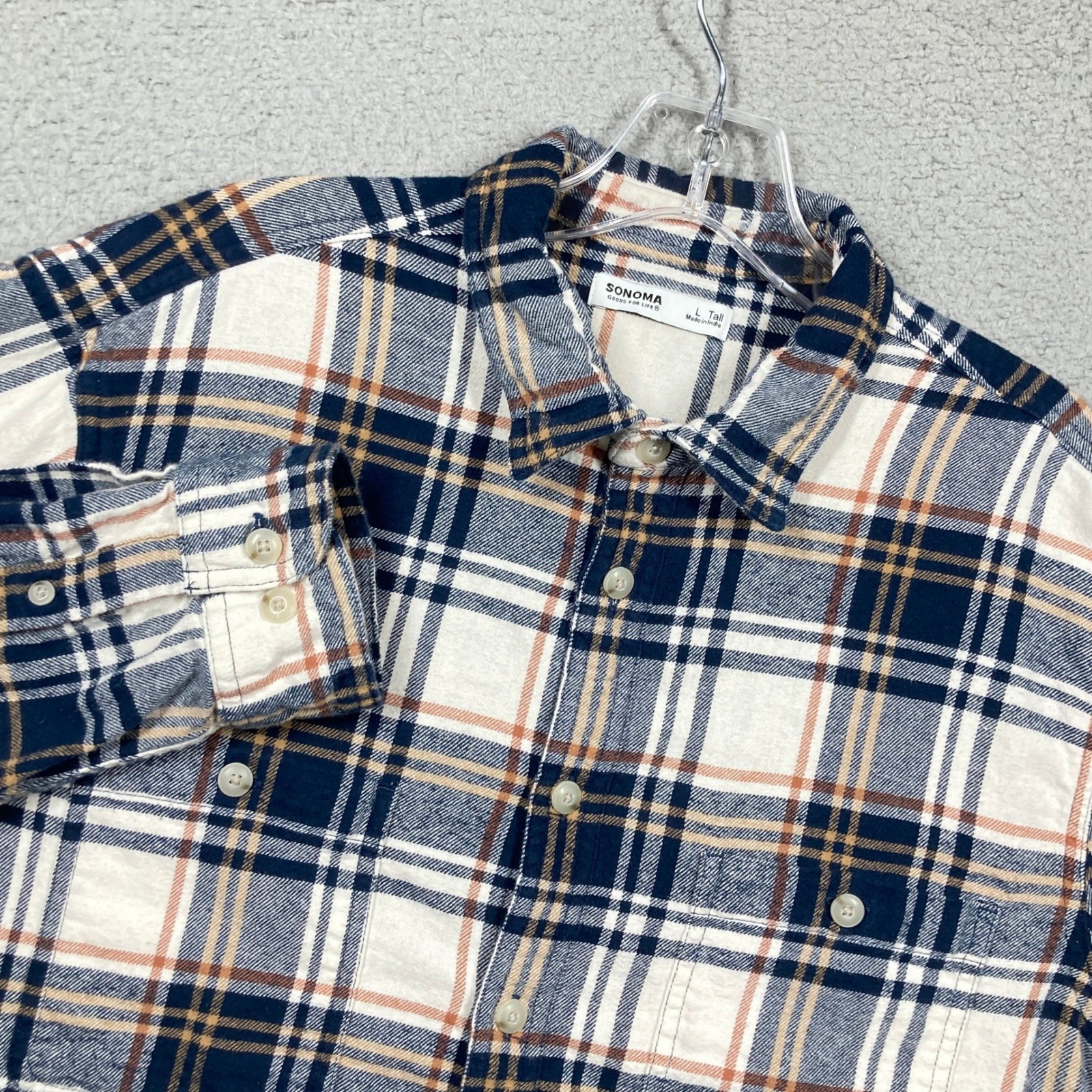 Sonoma Flannel Shirt Mens L Tall Blue White Orange Plaid Cotton Button Down 9232