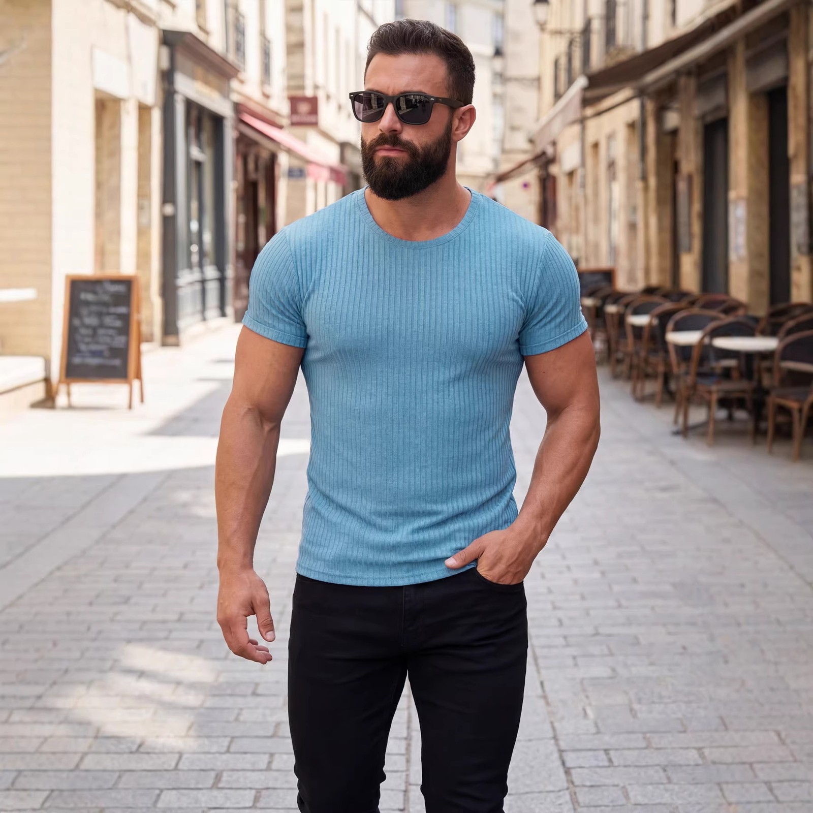 Summer Vertical Stripe Stretch Crew Neck Athletic Tee