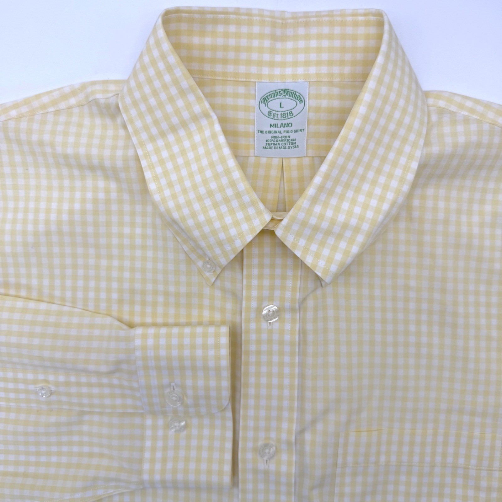 Brooks Brothers Shirt Mens L Yellow Milano Gingham Non-Iron Supima Cotton Work