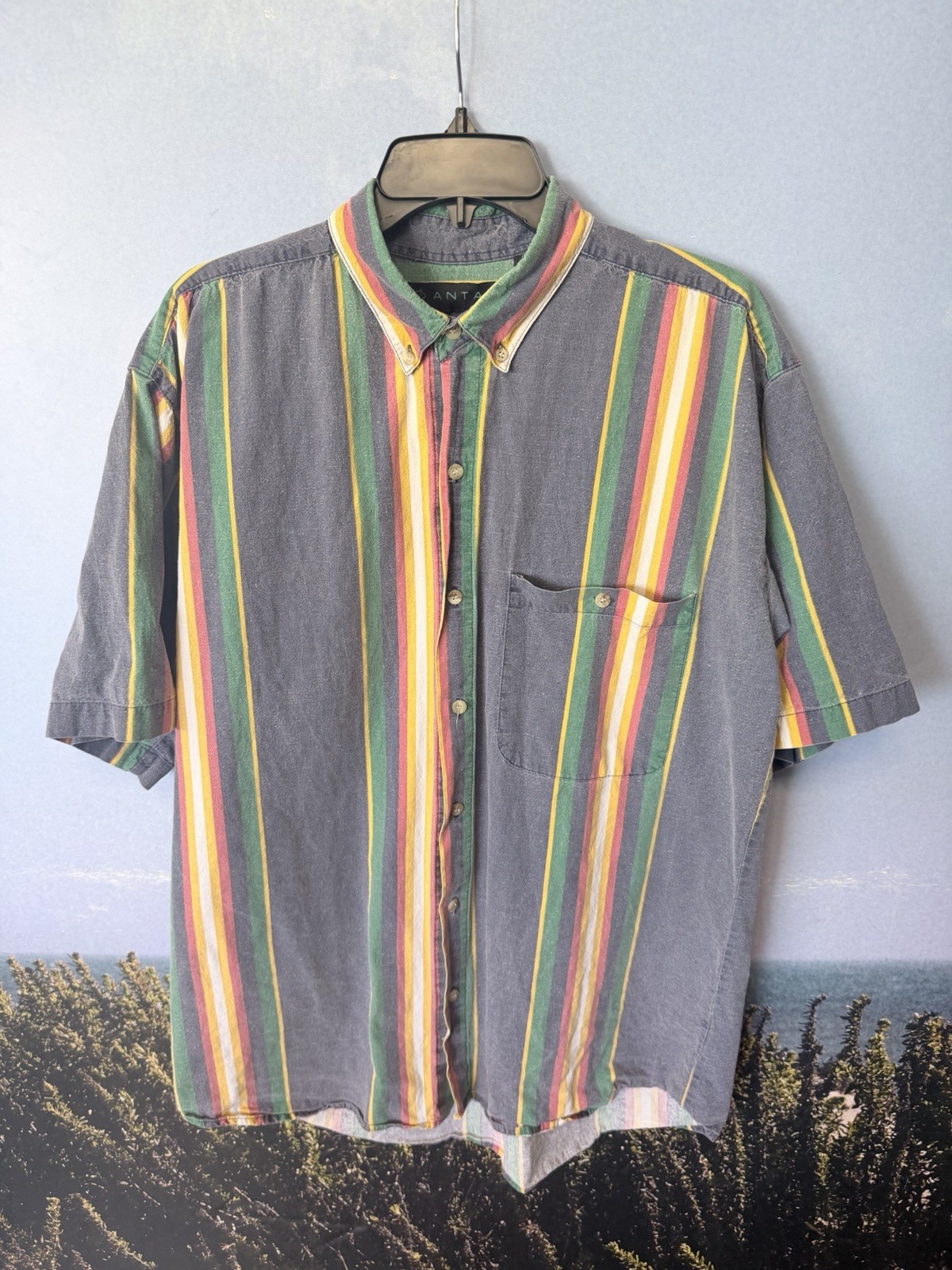 Vintage Santana Short Sleeve Button L 90s Vertical Striped Boxy Fit Grunge Skate