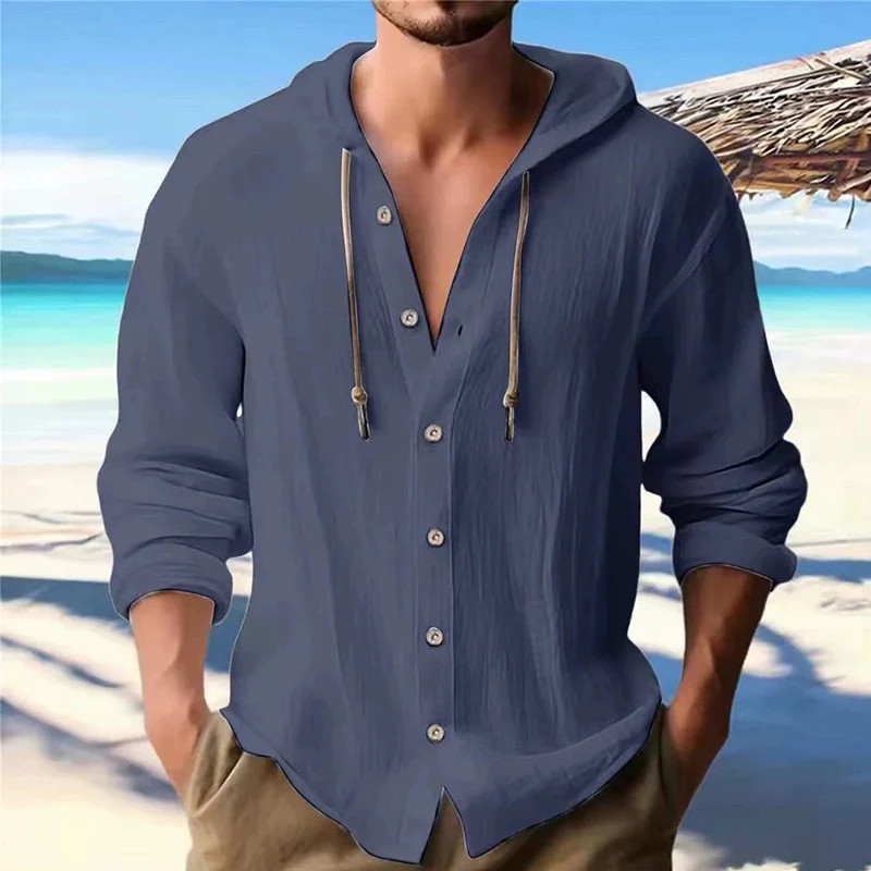 Men’s Solid Linen Long Sleeve Hooded Shirt Casual Streetwear Clothing Men Gift