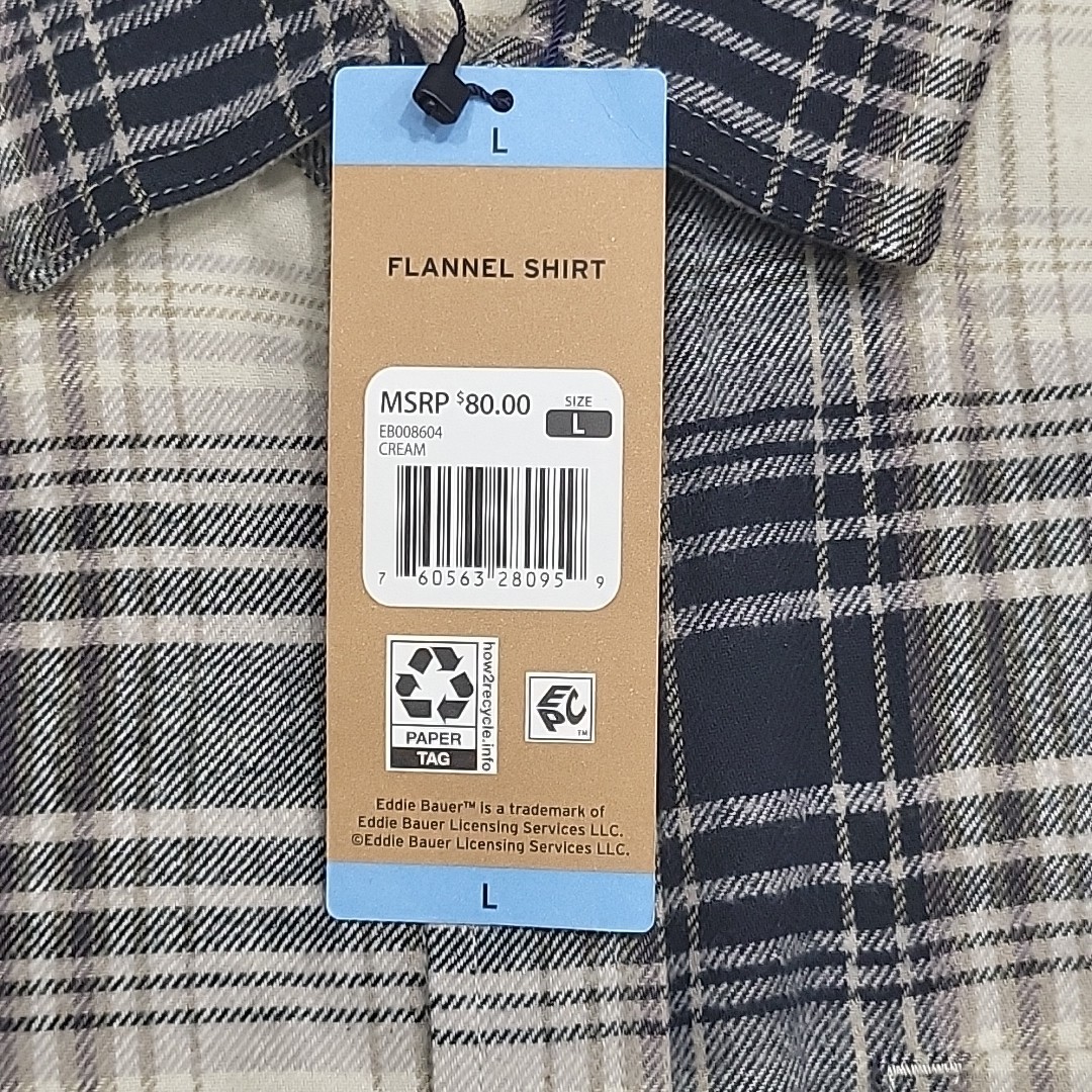 Eddie Bauer Mens Flannel Shirt Large Size Cream Button Front Long Sleeves Top