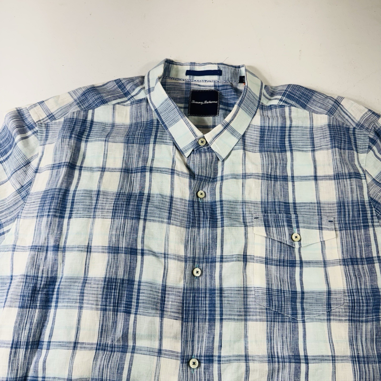 Tommy Bahama 100% Linen Shirt Men’s Size 3XL Blue White Plaid Men’s Size 3XL