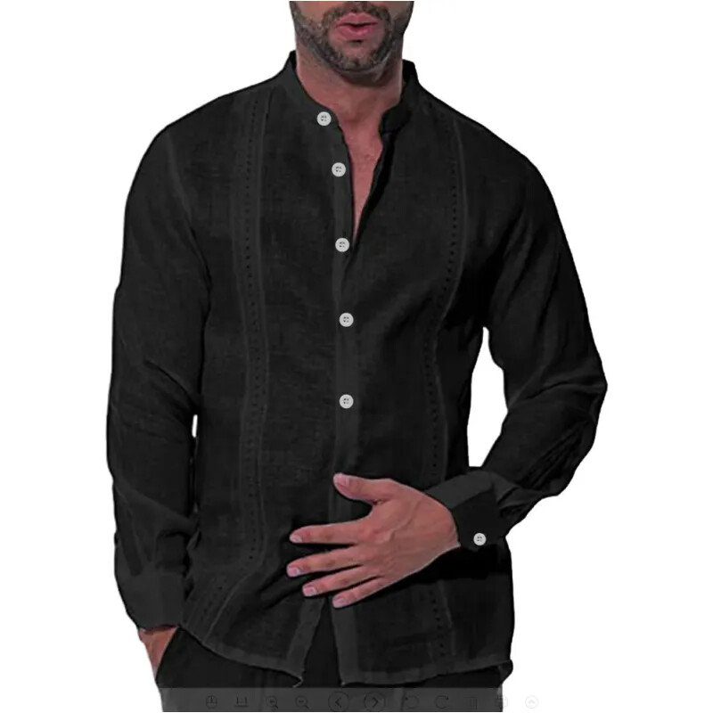 Men’s Long Sleeve Linen Shirt Casual Beach Shirts Guayabera Cuban Top