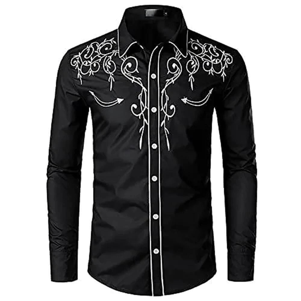 Men’s Western Cowboy Shirt Long Sleeve Retro Printing Casual Buttons Down Shirts