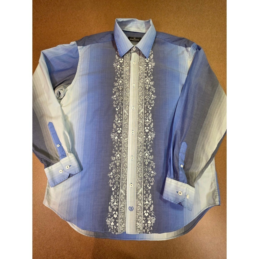 Bugatchi Uomo Mens XL Blue Ombre Striped Floral Embroidered Button Down Shirt