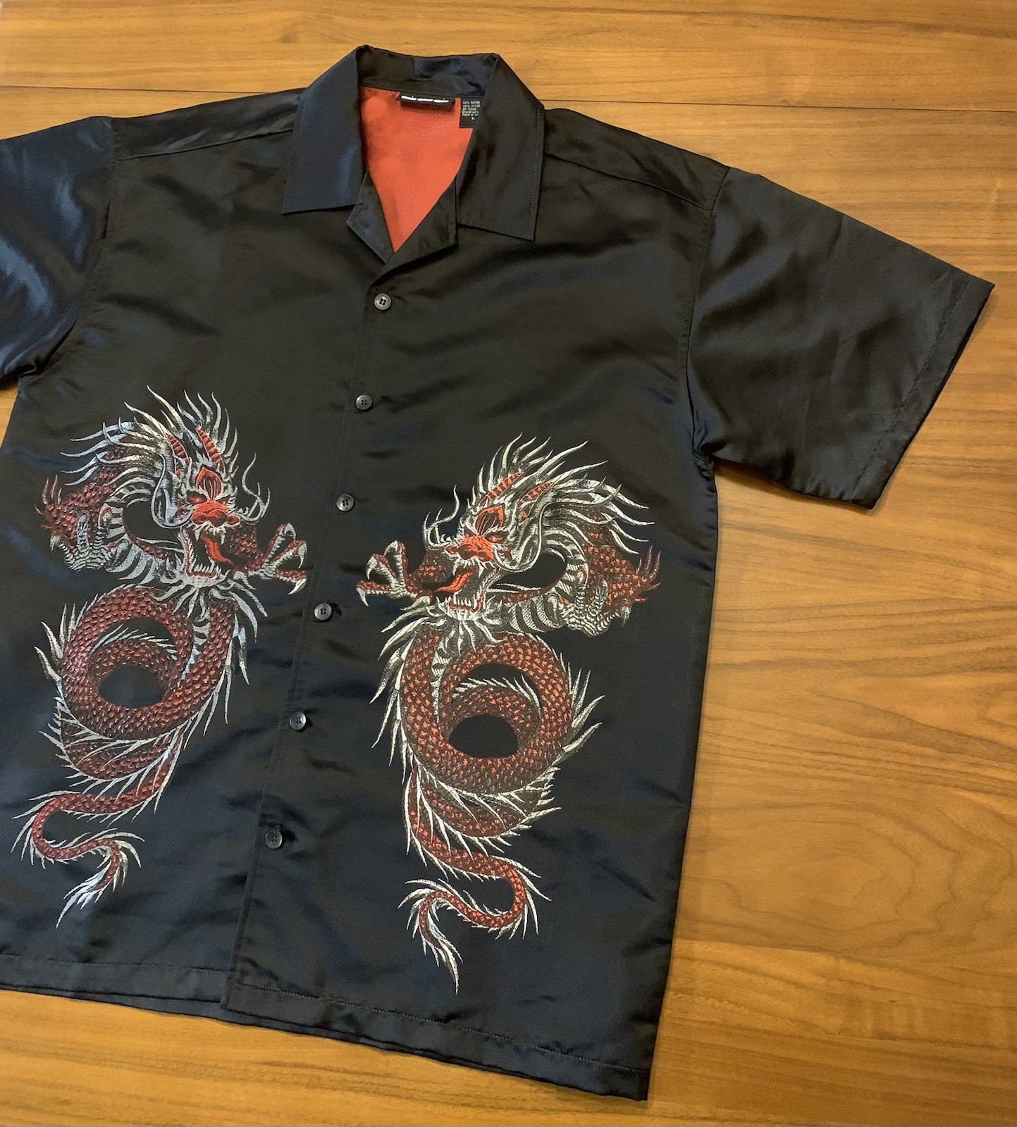 Vintage Odo Embroidered Dragon Shirt Mens L Satin Rayon Japanese Y2K Goth Rave