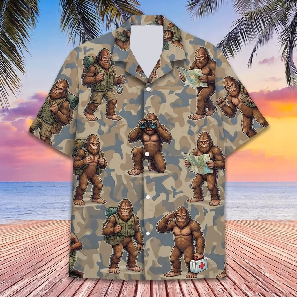 Bigfoot Camping Explorer With Backpack Hawaiian Shirt, Friends Gift