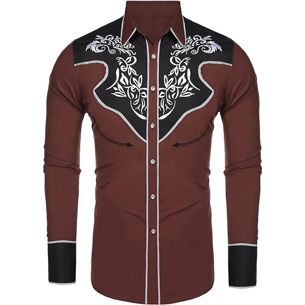 Men’s Western Cowboy Shirt Long Sleeve Retro Printing Casual Buttons Down Shirts