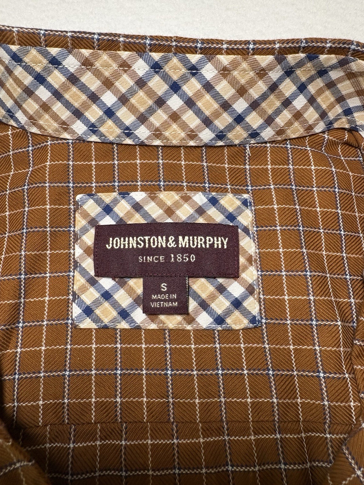 Johnston & Murphy Men’s S Brown/White/Blue Plaid Long Sleeve Button-Up Shirt