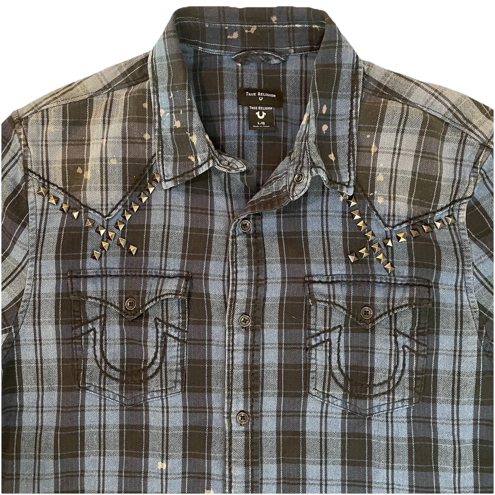 TRUE RELIGION Western Plaid Bleach Splatter Button Up Long Sleeve Size Men’s L