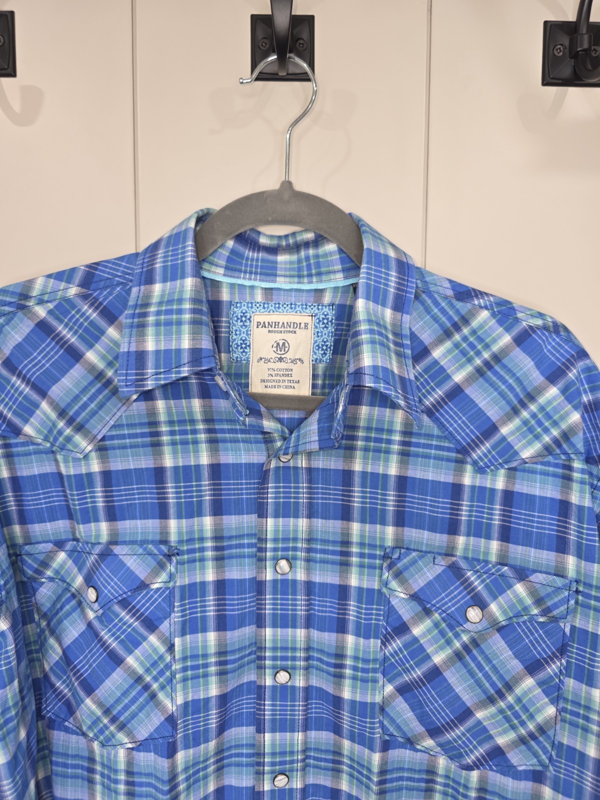 Pangandle Mens Long Sleeve Blue Plaid Pearl Snap Button Down Western Cowboy Med