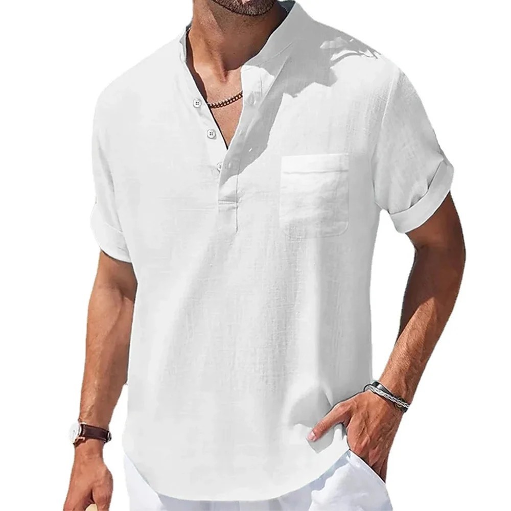 Men’s Solid Color Linen Short Sleeve Shirt Stand Collar T-shirt Tee Summer Gift