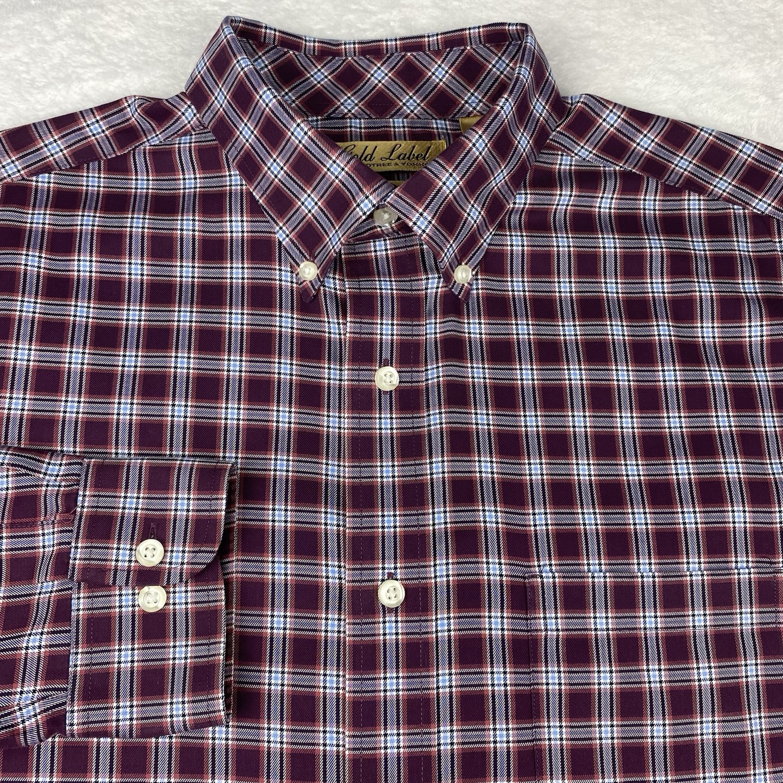 Roundtree & Yorke Gold Label Shirt Mens Large Maroon Plaid Regular Fit No Iron