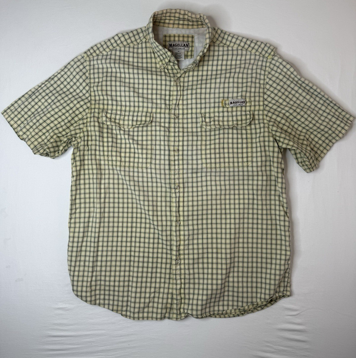 Magellan Sportswear Men’s XL Yellow Blue Plaid SS Button-Up Mesh Lined Pocket