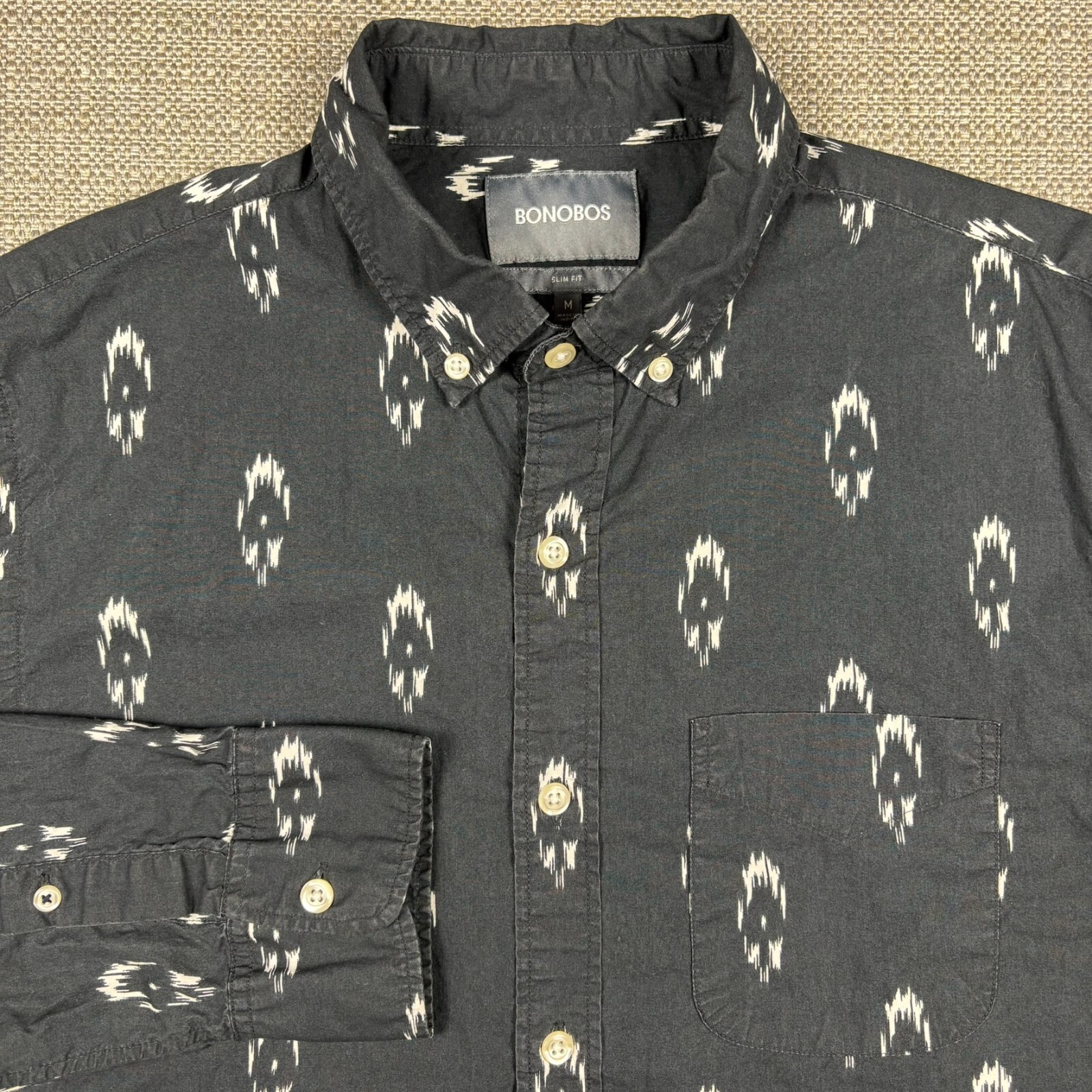 Bonobos Men’s Shirt M Long Sleeve Slim Fit Black White Native Aztec Navajo Print