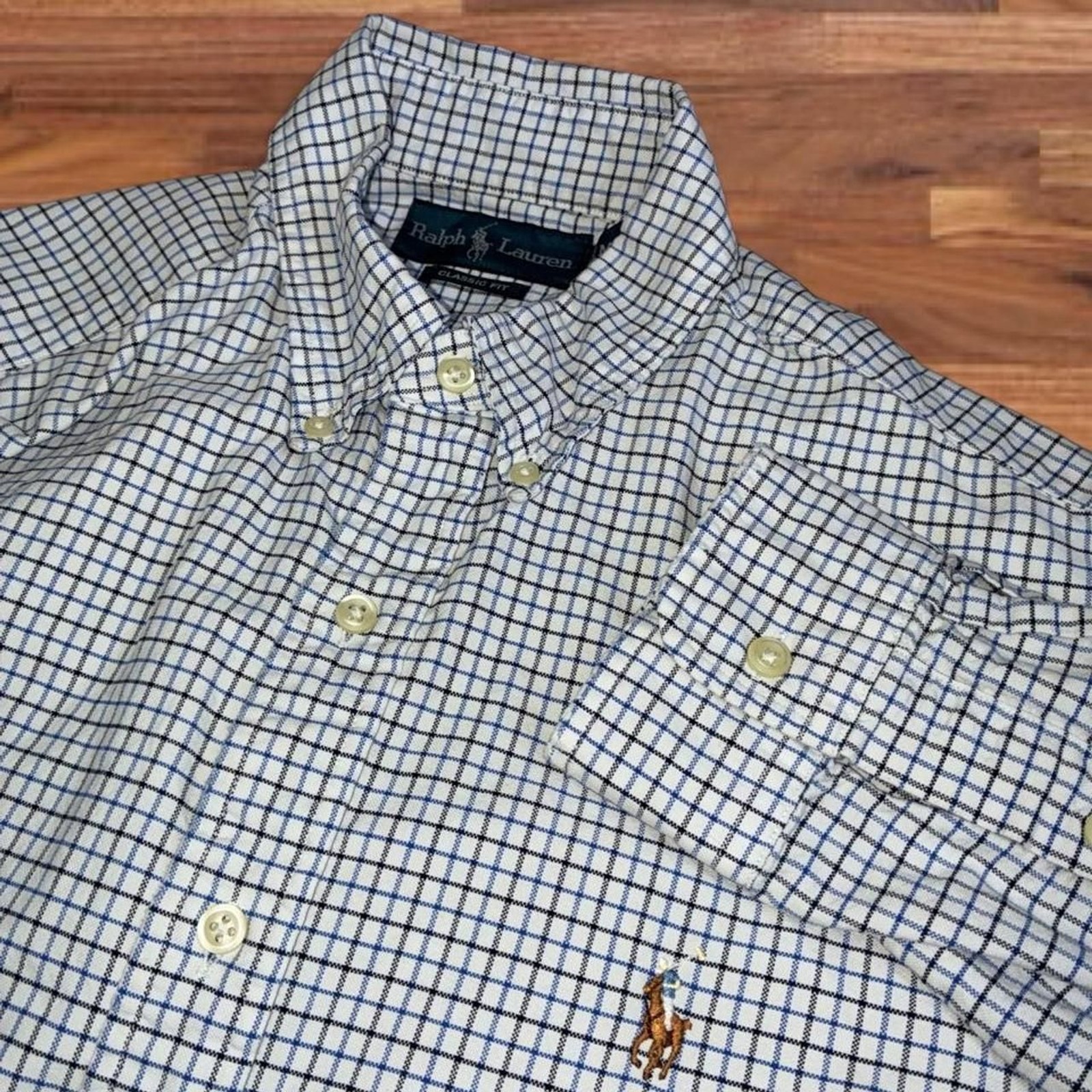 Ralph Lauren Classic Fit Button Up Shirt White Blue Check Pony Logo Men’s Medium