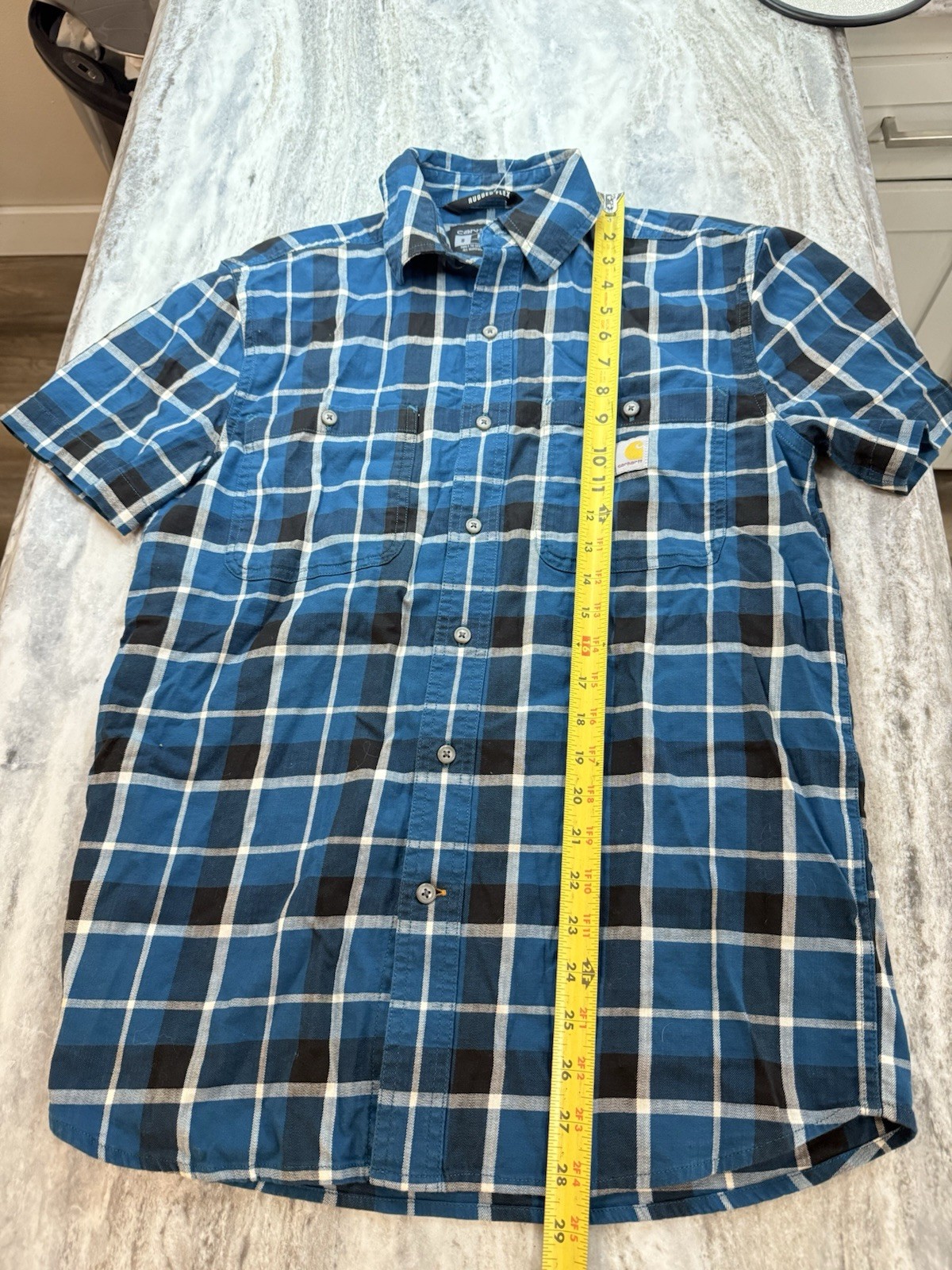 Carhartt Shirt Men’s Size Small Short Sleeve Rugged Flex Flannel Blue Plaid EUC