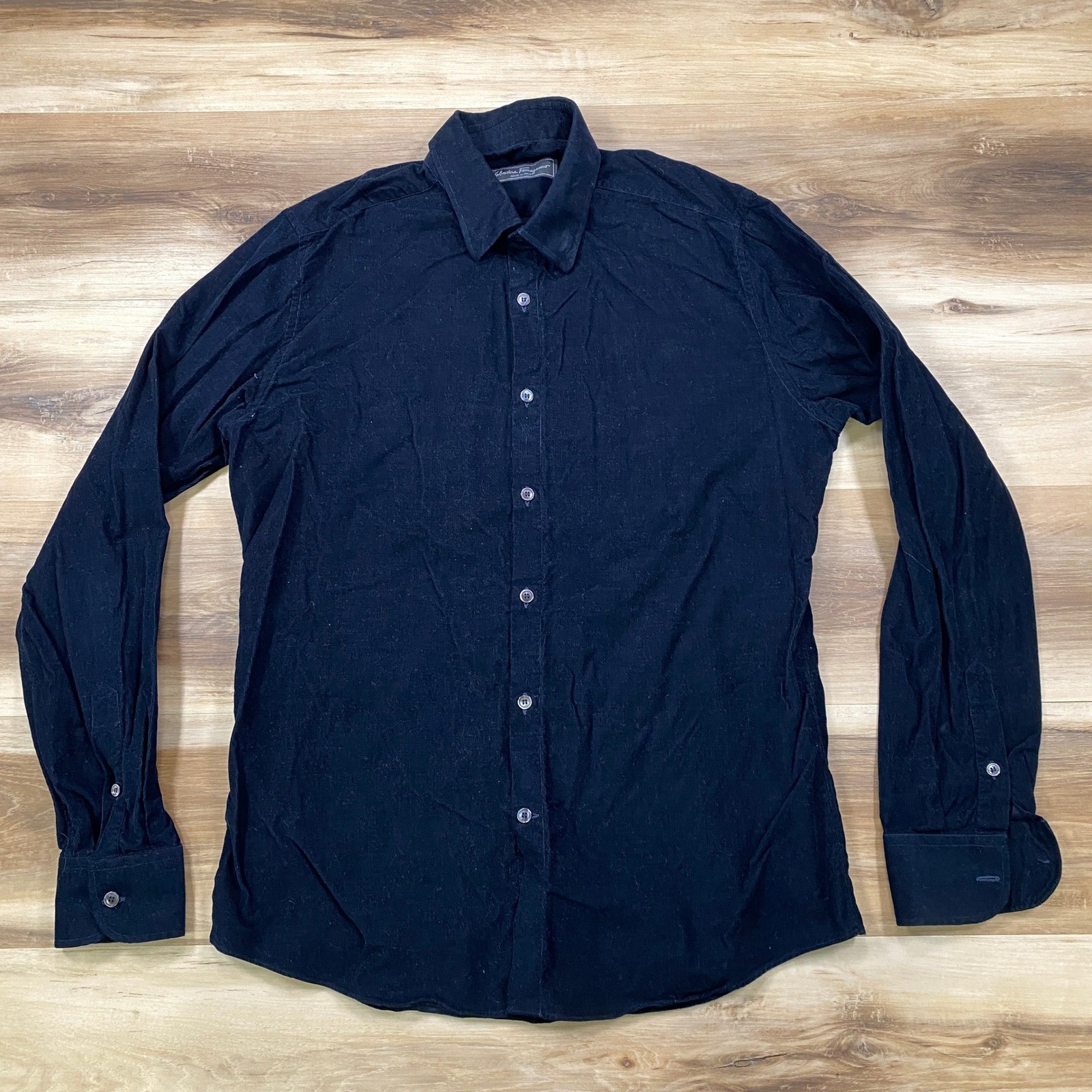 Salvatore Ferragamo Shirt Mens M Minimalist Corduroy Slim Fit Black Italy Luxury