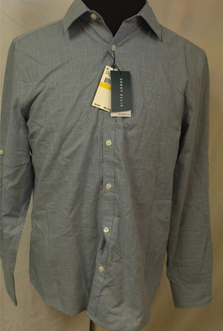 The Perry Ellis Untucked Shirt Mens Medium Blue Heather Roll Tab Sleeves NWT