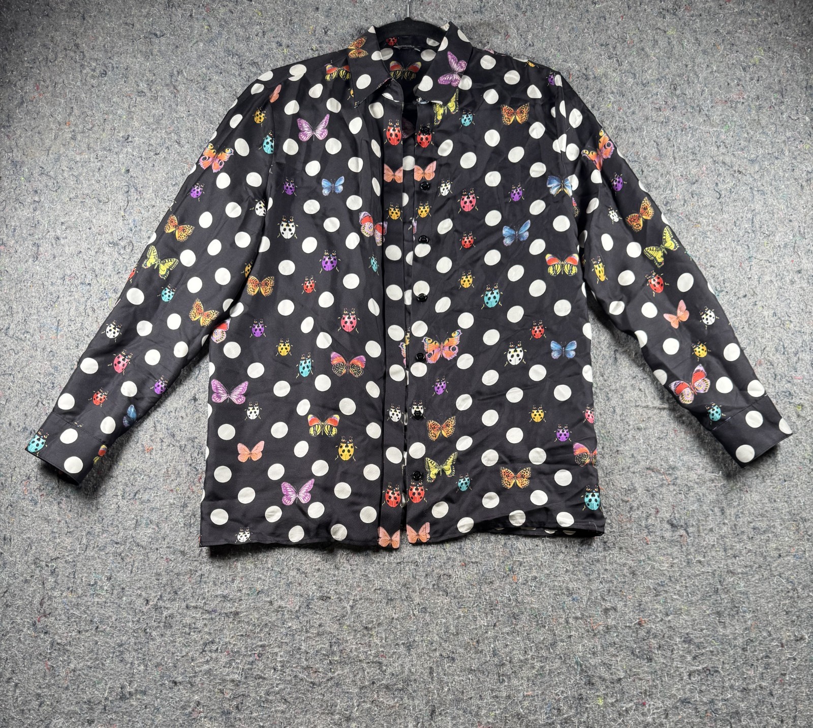 Versace x Dua Lipa Silk Shirt Black Polka Dot Butterfly Ladybug Print Size 40