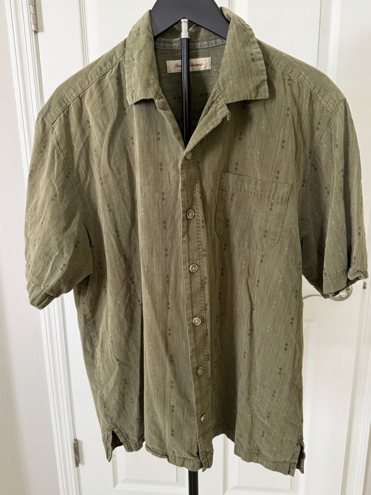 Tommy Bahama Men’s L Green Geometric Short Sleeve Silk/Cotton Button-Up