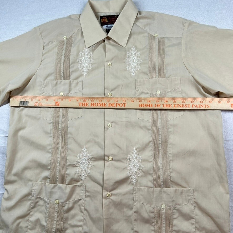 Guayaberas Yucatecas Mens XXL Tan Short Sleeve Embroidered Mexican Wedding Shirt