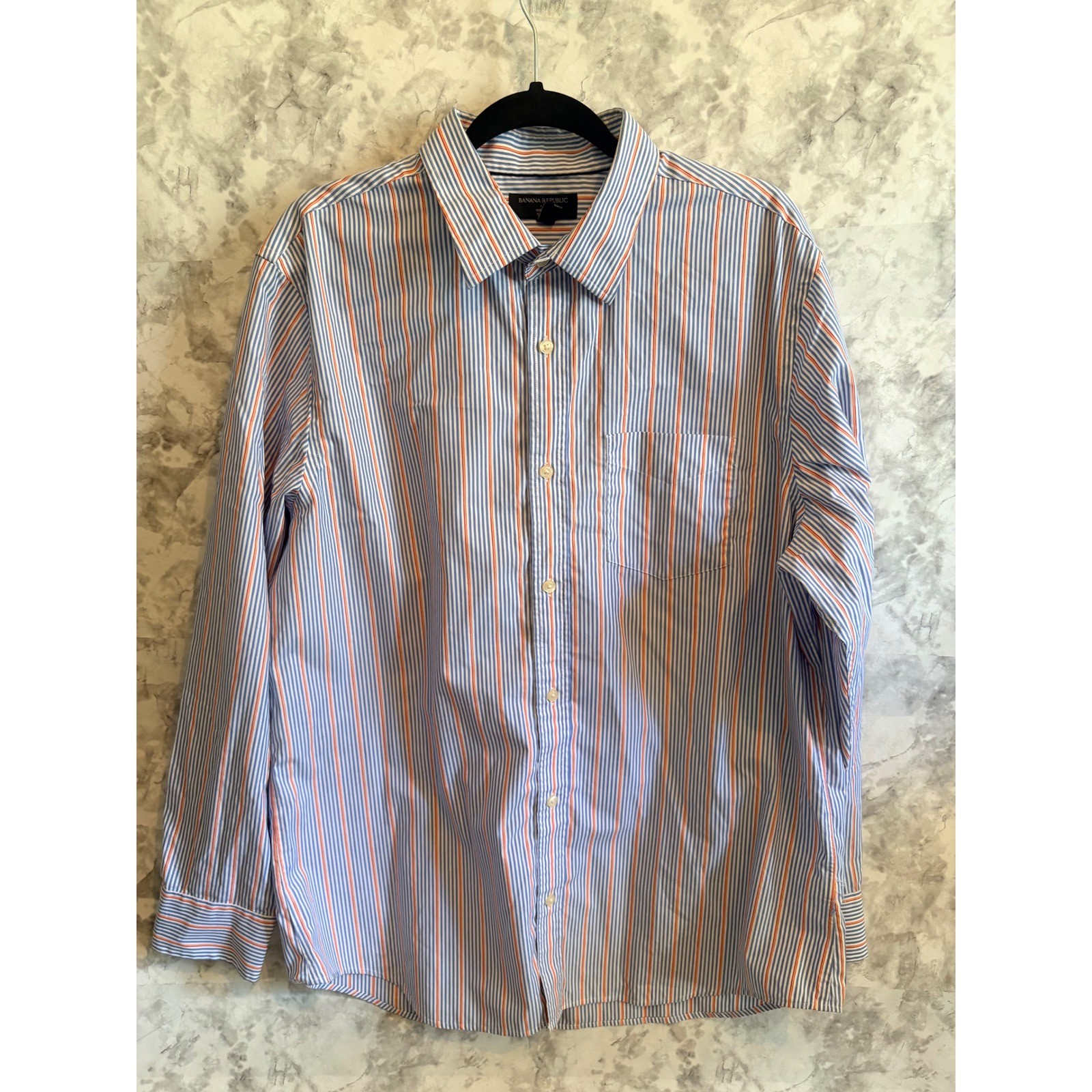 Banana Republic XL 17-17.5 Slim Fit Non-Iron Dress Shirt Blue Orange Stripe