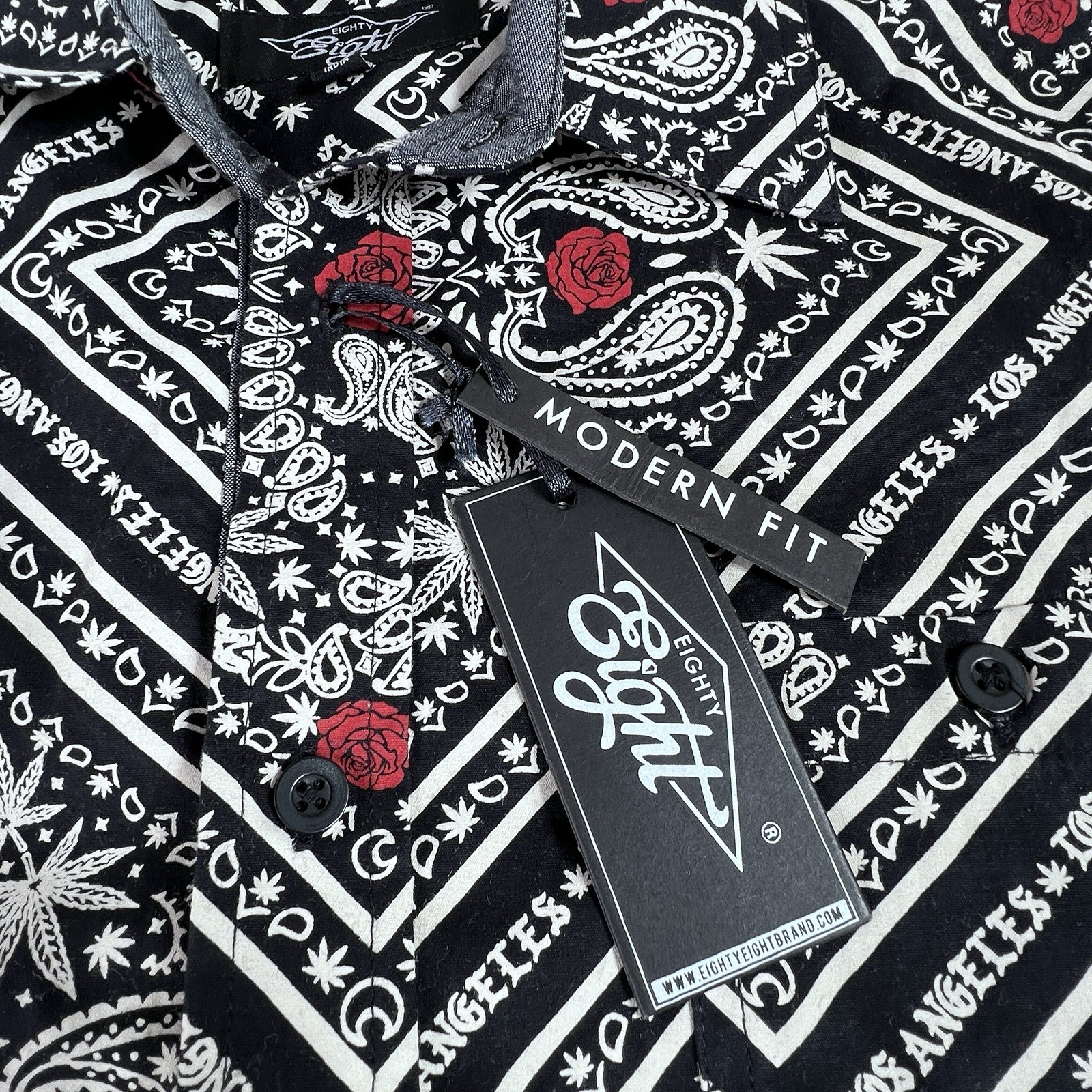 Eighty Eight Button Up Shirt Short Sleeve Black White Red With Hidden Pot Leaf