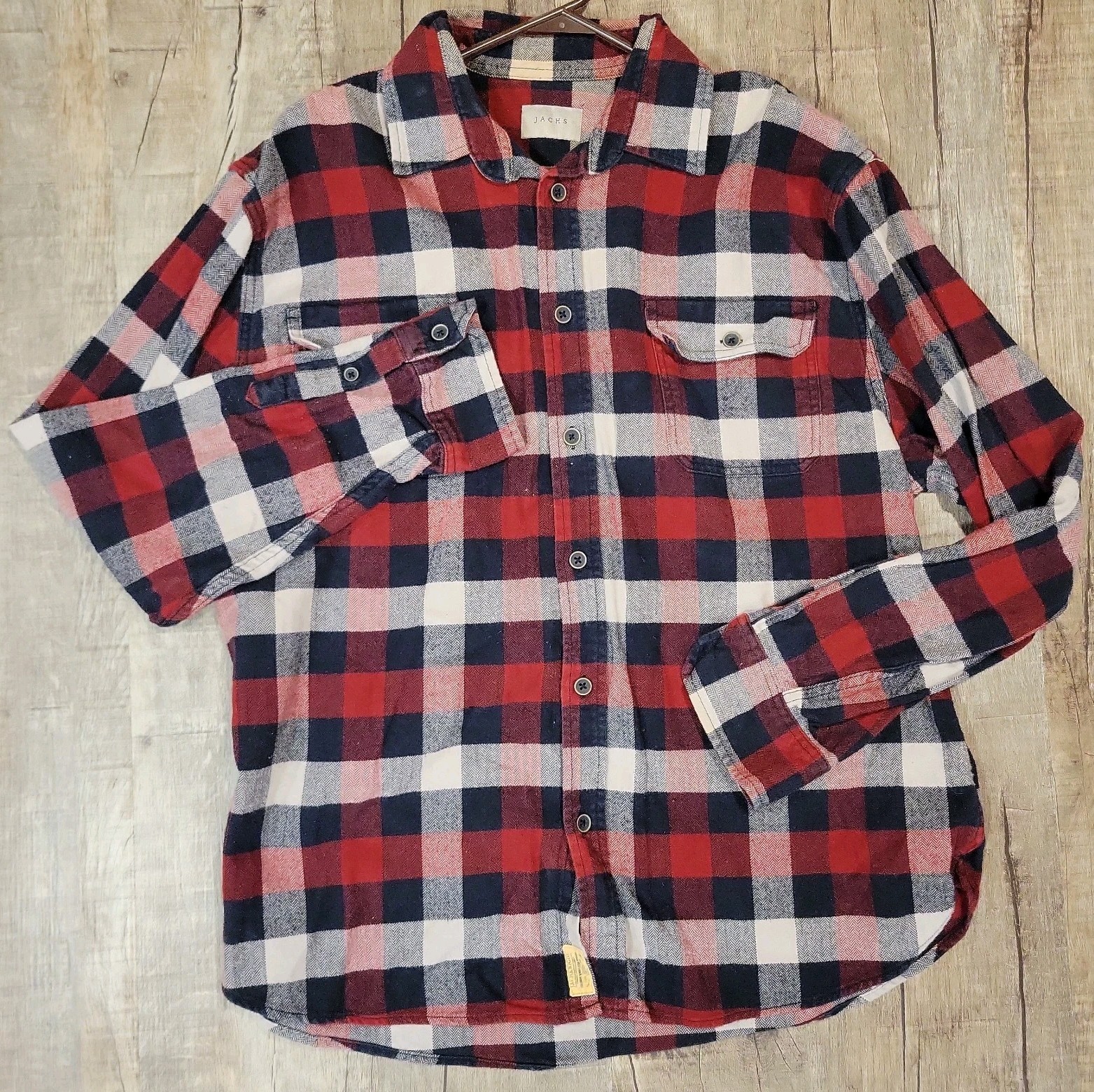 JACHS MFG Co Mens 2XL Red Navy Plaid Herringbone Flannel Button Shirt
