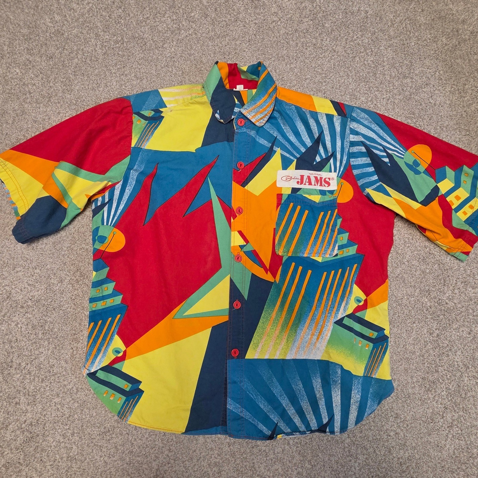 Jams World Vintage Mens Large Abstract Geometric Surf Shirt Multicolor 80s 90s