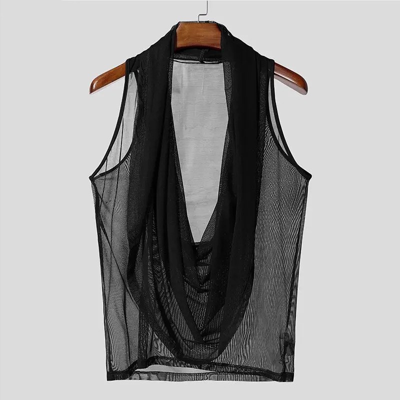 Men’s draped deep V-neck tank top lightweight mesh sheer top