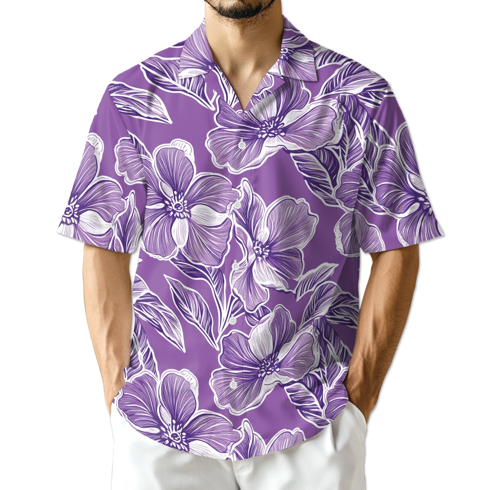 Purple Hibiscus Hawaiian Shirt Tropical Floral Summer Button Up