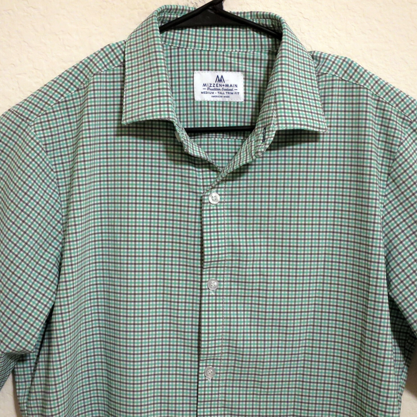 Mizzen Main Shirt Mens Medium Long Sleeve Button Green White Black Stripes