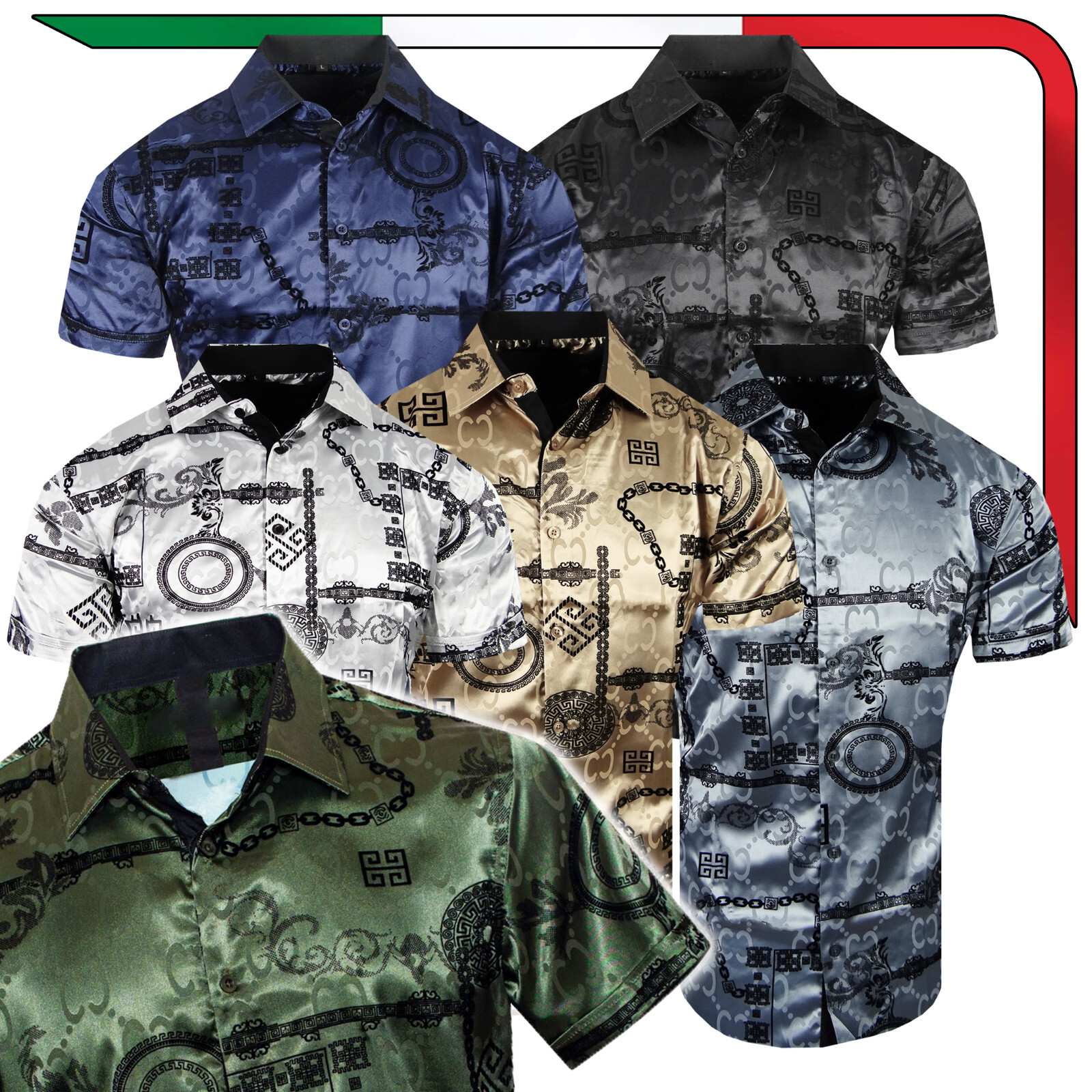Italian Velvet Floral Stripe Short Sleeve Shirt Mens Luxury Silky Stretch Button
