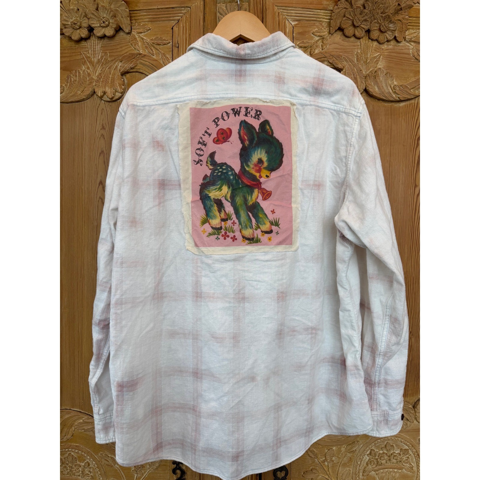 Soft Power Deer Flannel XXL Pink White Bleached Folk Art Shirt Polo Brand