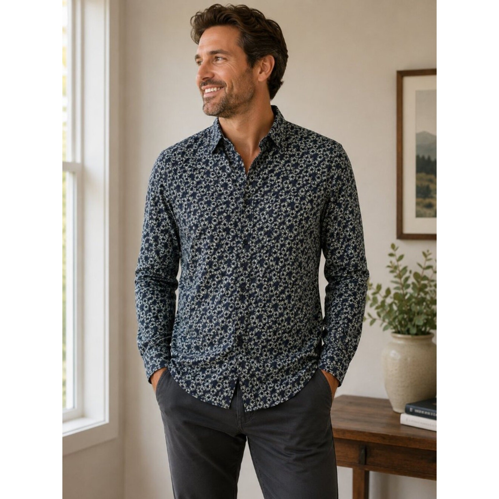 Ted Baker Modern Fit Blue Floral Button Front Long Sleeve Shirt Men’s 15.5