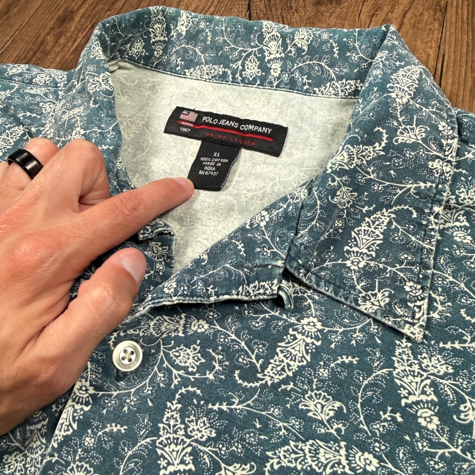 Vtg Polo Jeans Co Ralph Lauren Camp Shirt Mens XL Blue Coral Paisley Floral Loop